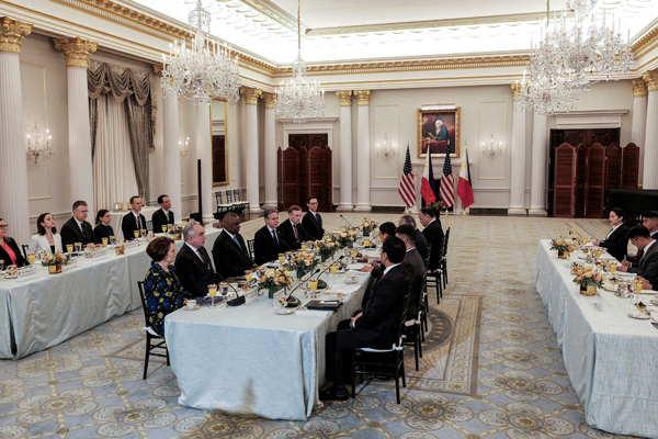 U.S. Secretary of State Antony Blinken, U.S. Secretary of Defense Lloyd J. Austin III, and National Security Advisor Jake Sullivan meet with Philippine Secretary of Foreign Affairs Enrique Manalo, Philippine Secretary of National Defense Gilberto Teodoro, and Philippine National Security Advisor Eduardo M. Ano at the Department of State in Washington, U.S., April 12, 2024. REUTERS/Michael A. McCoy REFILE - CORRECTING ANTONY BLINKEN'S NAME