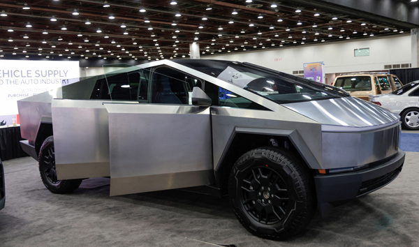 The Tesla Cybertruck is displayed at the SAE WCX conference in Detroit, Michigan, U.S., April 18, 2024. REUTERS/Rebecca Cook